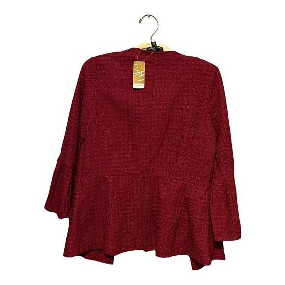 Suzanne Betro Burgundy Bell Sleeve Collarless One Button Peplum Style Eyelet Top - Picture 2 of 6